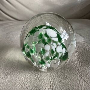 Hand-blown Art Glass Paperweight With A Green and White speckled